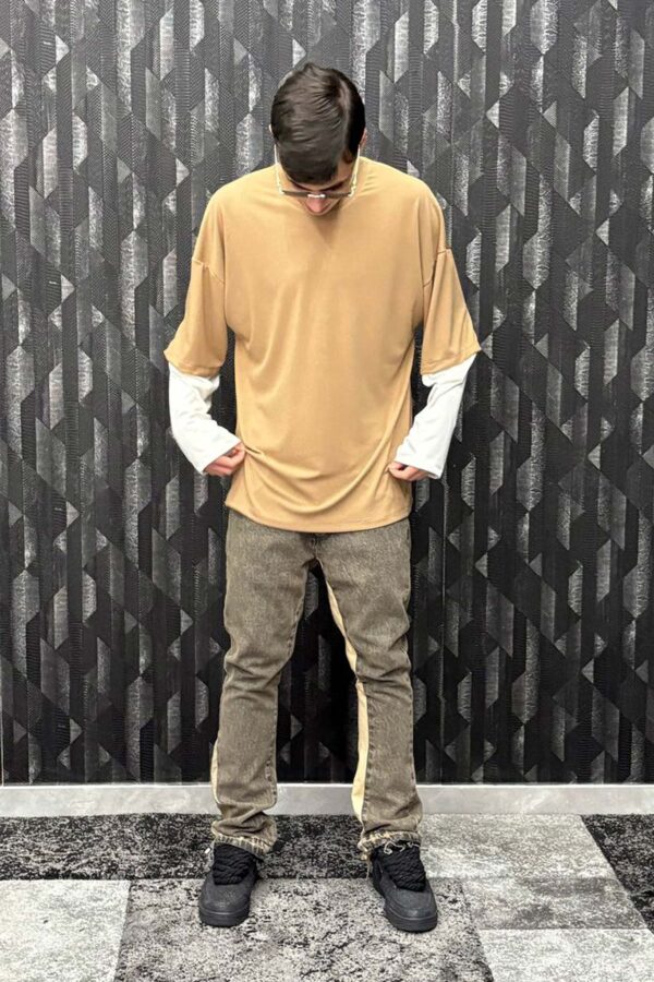 T-shirt in cotone elastico a coste con doppia manica - immagine 4