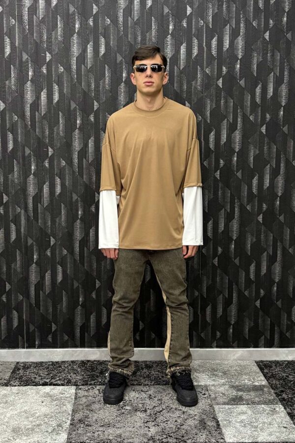 T-shirt in cotone elastico a coste con doppia manica - immagine 5